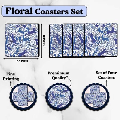 Wooden Coaster Set of 4 Printed Coaster Coffee and Tea Coasters for Office Table Wooden Coasters for Home Dining Table Coasters